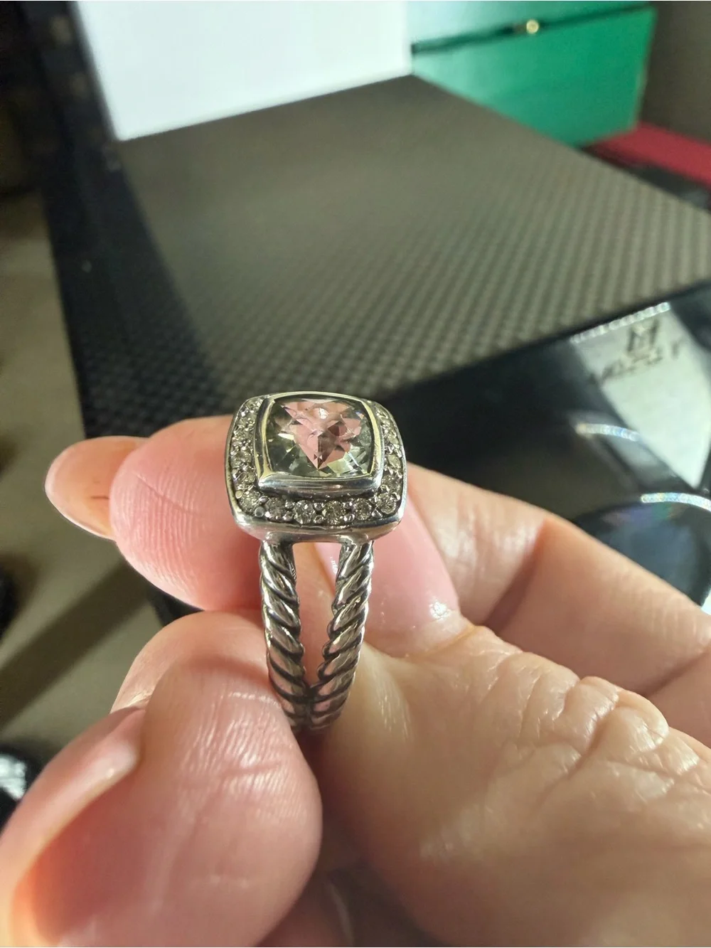 David Yurman Silver Ring with Light Green Cushion-Cut Center and Pavé Halo